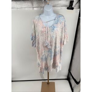 Surf Gypsy Eyelet Tie Dye Tassel Beach Dress Ruffle Flutter Sleeve M